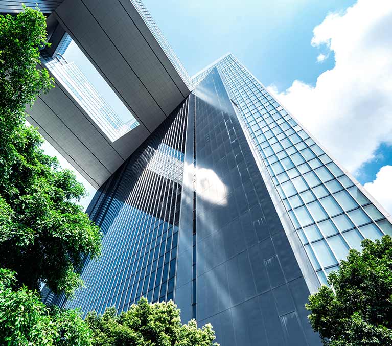 An under-head view of a building