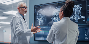 Two medical professionals in lab coats discussing x-ray charts on a wall lightboard.