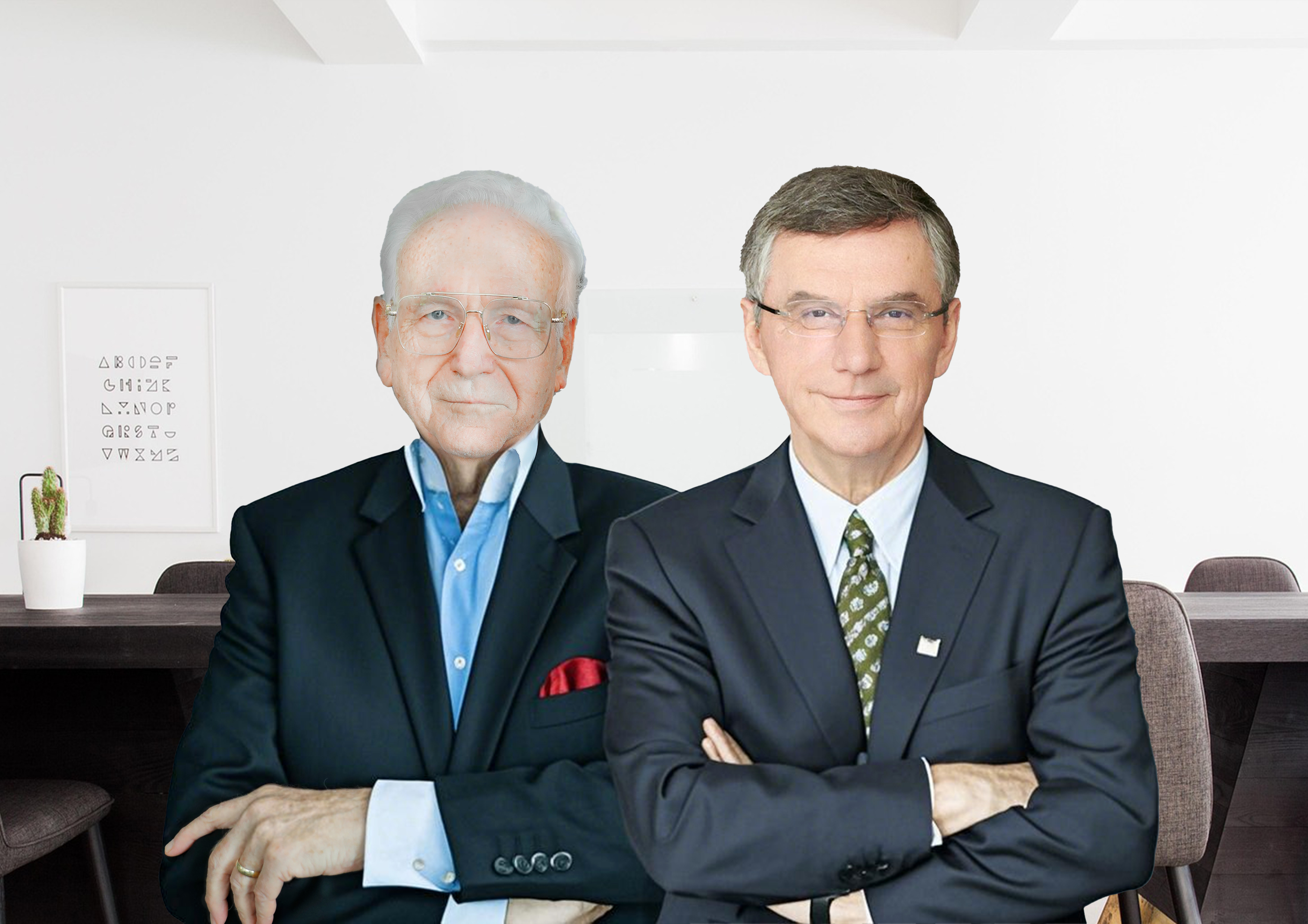 Two business people sitting at a table in an office in front of large podcast microphones. A sign up front says Recording Studio In Use.